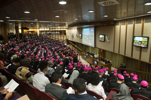 An auditorium filled with people, many wearing the purple zucchetto that shows they are Catholic bishops
