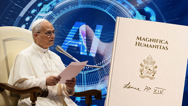 Montage of Pope Leo and a book cover bearing the words “Magnifica Humanitas”